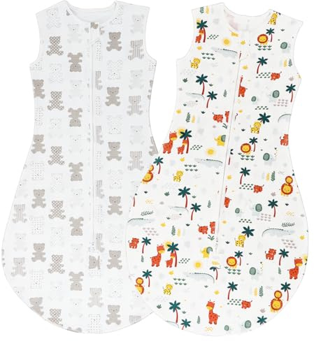 TOGOU2S Saco Dormir Bebe Verano, 2Pcs 0.5 Tog Saco de Dormir Bebe Unisex para Bebé Niños de 6 a 18 Meses, 100% Algodón Transpirable, Ajustable Saco Bebe 65 a 85 cm, Animales de Dibujos Animados