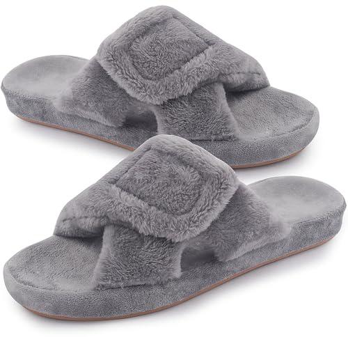 Git-up Chaussons Femme Mousse à Mémoire avec Support de l'arche Ajustable Crochet et Boucle Diabétique Large Bout Ouvert Pantoufles de Maison Extérieur et Intérieur, Arc-Gris 39