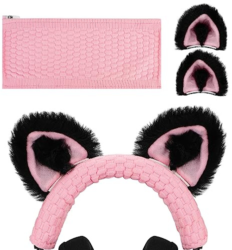 Geekria NOVA Knit Fabric Headband Cover and Cat Ears Attachment Set Compatible with Razer, SteelSeries, HyperX, Sennheiser, Astro, Sony, Logitech, ATH Headphones (Black/Pink)