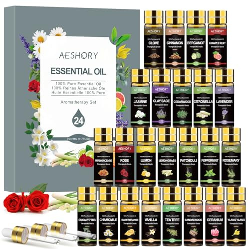 AESHORY Eteriska Oljor Set 24 x 5ML, 100% Naturlig Aroma Diffuser Olja Gift Set, Aromaterapi Oljor Doftoljor för Diffusorer, SPA, Massage, Avkoppling, Tvål, SPA, Bad Presentförpackning