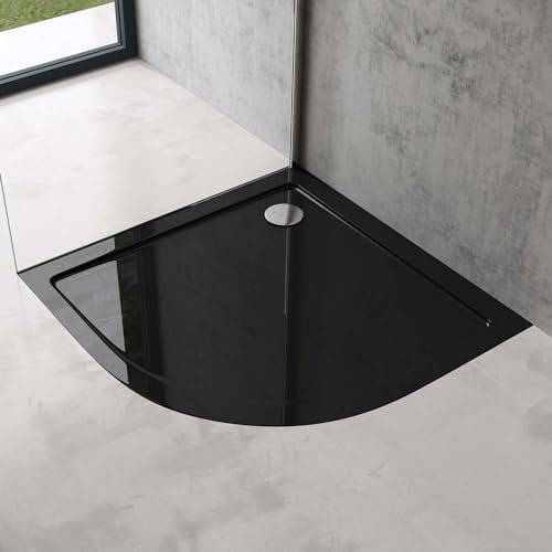 doporro Plato de ducha plano 90x90x4cm fabricado de acrílico en negro cuarto de circulo conexiones DIN incluye desagüe AL01 apto para instalación a ras de suelo Faro3