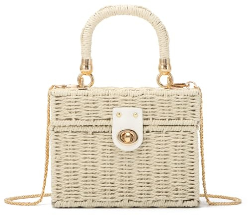 SUTUKU Bolso de Mimbre Tejido a Mano para Mujer, Bolso de Cesta Cuadrado de Playa Vintage de Paja Tejida
