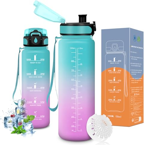 Vikaster Borraccia motivazionale, Borraccia 1 litro, Senza BPA & Prova di Perdite, Bottiglia Acqua Bambini, Scuola, Bici, Palestra, Yoga, Ufficio