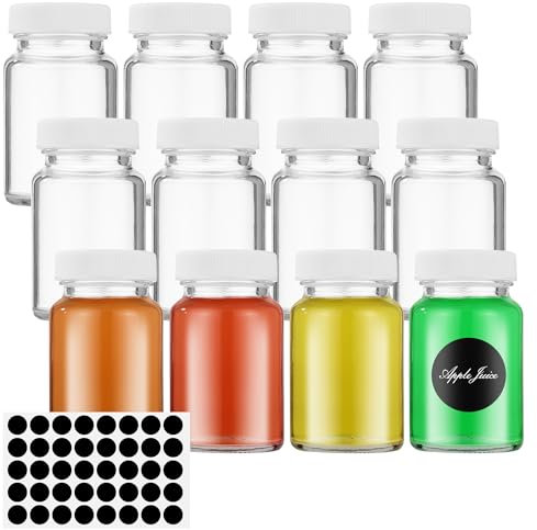 Nuangoo 12 x 60ml Botellas de Vidrio Rellenables, Mini Botellas de Cristal con Tapas,Botellitas de cristal reutilizables,para Zumo, Ginger Ale, Bebidas Concentradas, Bebidas Alcohólicas