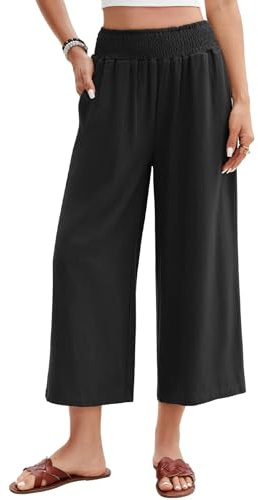 UMIPUBO Pantalones Mujer de Lino Verano Algodón 3/4 Pantalón Anchos Cintura Alta Elástico Pantalón Casual Deporte Ligeros Pants Playa Cómodo Fluidos Pantalon con Bolsillos (Negro, L)