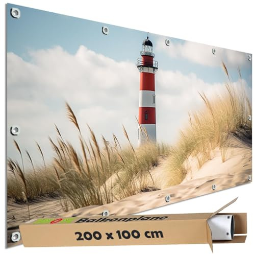 TRIOSK Sichtschutz Balkon Deko Plane Balkonblende Blickdicht mit Motiv Leuchtturm Strand Düne für Garten Terrasse Gartenzaun Balkonverkleidung Blickschutz PVC groß 200x100 cm