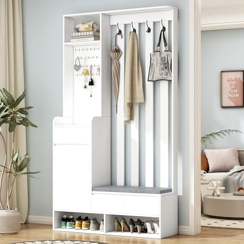 Merax Flurgarderobe, Garderobenset mit Sitzbank, Multifunktionaler Flur-Kompaktgarderobe mit Schuhbank, Stecktafel, 4 Haken, Wandgarderobe für Eingangsbereich, Weiß, 100x35x180cm