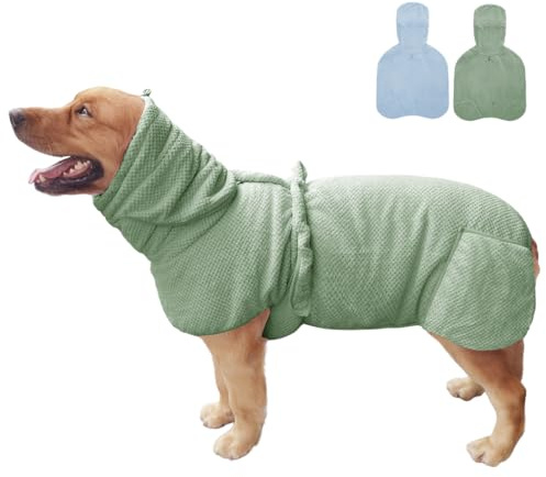 KOOGAL Medium to Large Size Dog Bathrobe, Quick Drying Super Absorbent Used for After Bathing, Warm Dog Towels, Adjustable Hoodies and Belts for Pet Dogs Bath Clothes Products (Green Jacquard, 4XL)