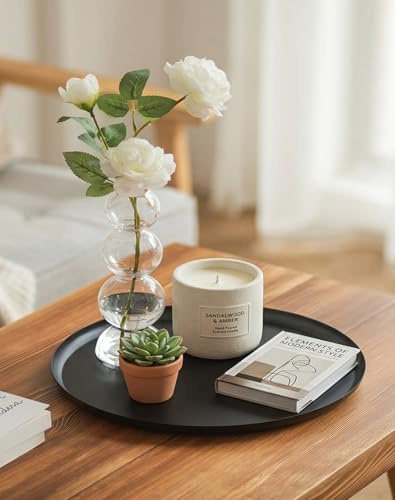 Romadedi Tablett Metall Schwarz Deko: 32cm Dekotablett Rund für Wohnzimmer Tischdeko Esstisch Kerzentablett für Kerzen Serviertablett für Café Bar Restaurant Badezimmer