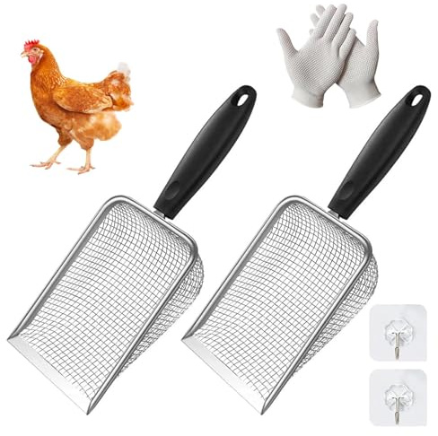 YTSMFL 2 Stück Chicken Poop Scooper, Kotschaufel Hühner mit Langer Griff Hühnerkotschaufel für Stall Gartenerdesieb Enthält EIN Paar Handschuhe für Hühnerstreu Sand KOT