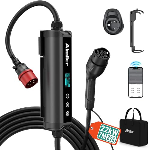 Wallbox 22kW mit App, 3-phasig 400V Mobile Ladestation (16-32A Einstellbar)CEE&TÜV 7m Typ 2 Ladekabel Auto,IP66 Portabel/Wandmontage für Elektroauto (Model Y/3, ID.3/4/5, MG4, EX30 und andere PHEV/EV)