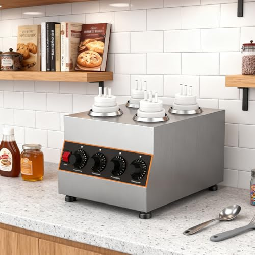 Elektrisk Varm Chokladsås Värmare-Dispenser, Kommersiell Ostsås & Choklad Värmare, Rostfritt Stål med 4×650ml Kramflaskor