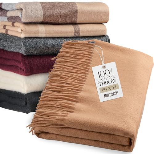 Velanio Cashmere 100% Cashmere Throw Blanket with Fringe 60 x 54 Inch Super Soft Warm for Home, Travel Sofa Bed (Camel)