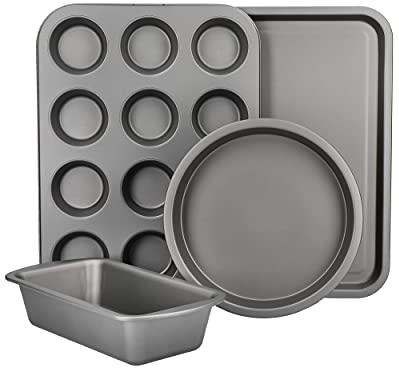 KitchenCraft Non-Stick Baking Set, 4-Piece Bakeware Set Including Loaf Tin, Round Cake Tin, Rectangular Baking Tray and Muffin Tray, Carbon Steel, Gift Boxed