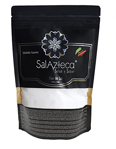 Sal Azteca/Flor de Sal de Manantial - Menos Sodio, 100% Pura y Natural, sin Refinar. Rica en Magnesio y más Minerales. Gourmet por Excelencia (Bolsa 454 g)