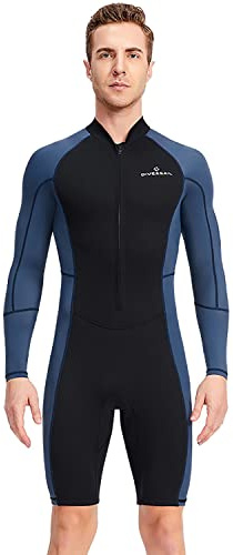 OttoBen Herr sommar tunn 1,5 mm våtdräkt shorty långa ärmar stretch snorkling simning surfing, solbeständig tunn nylon på sidorna mörkblå 3XL