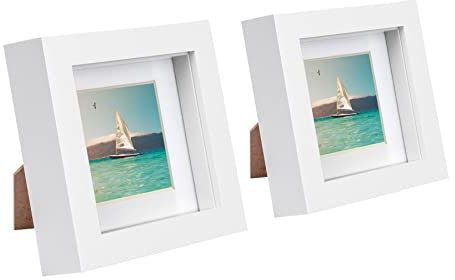 Nicola Spring 2x White 4 x 4 3D Box Photo Frames with White 2 x 2 Mount - Standing Hanging Craft Shadow Picture Display