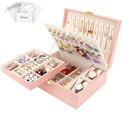 Casiwaft Portagioie Donna Grande a 2 Strati da Viaggio Con Vassoio Rimovibile, Scatole in Pelle PU per Collane, Orecchini, Bracciali, Anelli, Orologi, Rosa