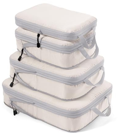 Meowoo Packing Cubes Compression 4 en 1 Set, Organizador de Maletas para Viaje con Compresión Expandibles Organizador de Equipaje de Impermeable Bolsas de Viaje para Maletas y Mochila, Beige