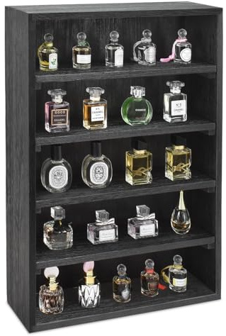 Ikee Design Wooden Wall-Mounted Display Shelves Rack for Collectibles, Figures,Shot Glasses,Spice Can,Cosmetics or Perfume, 5 Adjustable Height Shelves,Space-Saving, Black Color