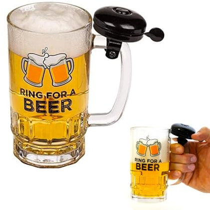 Avilia Boccale di Birra con Campanello - Ring Beer | Bicchiere Birra con Manico Campanello, Vetro e Plastica, Regalo Divertente, 14x14.5cm