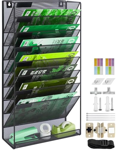 IOUGDSEC 9 Tier A4 Mesh in Tray Hanging Wall File Holder Magazine Document Holder Mail Organiser Magazine Storage Rack,Durable Metal Mesh Filing Storage Letter Trays Desktop File Organizer