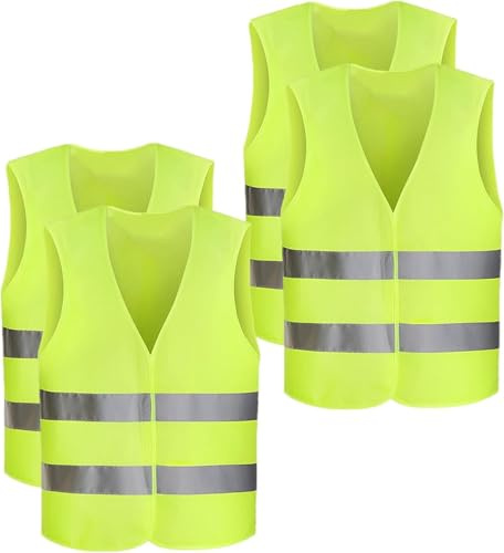 Ruikcoll 4 stycken universell storlek varningsvästar bil, reflekterande väst tvättbar, 360° säkerhetsväst, för cyklister, polis, arbetare, förare