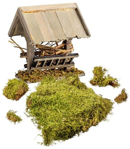 MaMeMi Ensemble mangeoire et mousse pour crèche de Noël - Crèche en bois artisanale d'environ 10 x 10 cm avec végétation de mousse, accessoires de crèche, fournitures de crèche pour modélisme et