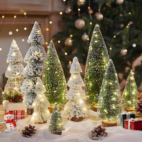 Zrriiyy Mini Christmas Tree with Lights-9PCS Different Size Small Christmas Tree Festive Holiday Decor for Home Little Xmas Tree for Indoor Decorations