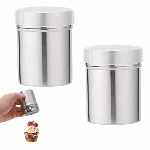 Set di 2 spargitore per zucchero a velo, per zucchero a velo, macinacacacao, con coperchio, in acciaio inox, per zucchero a velo, per zucchero, cacao, cappuccino