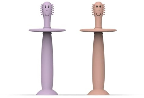 Matchstick Monkey Training Toothbrush with Stopper, for Independent Brushing, Easy to Grip Soft Silicone Handle, Antimicrobial Protection, 3 Months +, Dusty Pink & Lilac