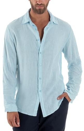Giosal Camicia Uomo Lino Colletto Maniche Lunghe Casual Regular Fit Basic Tinta Unita Vari Colori (IT, Testo, L, Regular, Regular, Celeste)