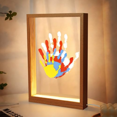 Set di impronte digitali a forma di famiglia con lampada da notte a LED – Impronta Baby Newborn Baby Set con 4 piastre CV, set di impronte a mano per coppie, colori atossici, telaio in legno per il