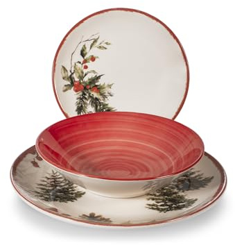 H&H Servizio Tavola Red Berries 18 Piezas - Vajilla de Stoneware Decorada con Ramitos de Pino, Piñas y Bayas Rojas - Apta para Lavavajillas y Microondas