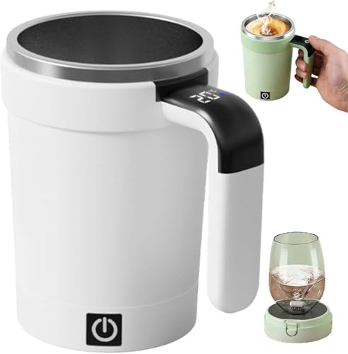Rechargeable Automatic Stirring Coffee Cup with Temperature Display,Automatic Self-Stirring Magnetic Coffee Mug,Stainless Steel Material Suitable for Coffee, Tea, Milk(White)