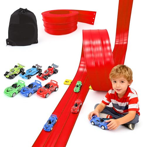 Car Track for Kids,5M Flexible Race Track Toy with 3 Pull Back Cars and 3 Die Cast Cars,Red Speed Track Racing Set,Roll Up Car Track for Boys and Girls Age 3-8