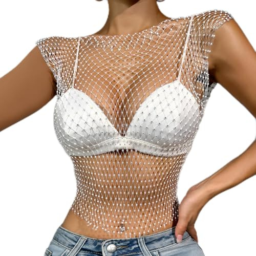 WUMZIRA Camiseta de Rejilla Mujer para Fiesta y Festival - Top Transparente de Malla con Cuello Redondo, Ropa Festival Mujer para Rave y Discoteca, Blanco, XS