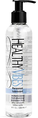 Healthy Vibes Water Based Hand Pump Lube 8 oz, Long Lasting Easy Clean Sexual Privacy Gel Lubricant Compatible Latex Silicone Sex Toys Couples Men Women Anal Ease Solo Life Personal Lubrification Play