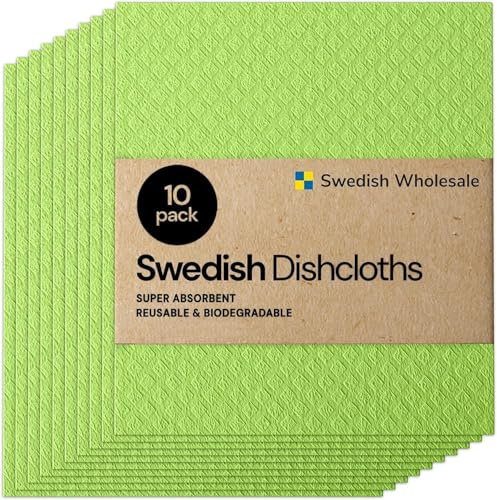 Swedish Dishcloth Cellulose Sponge Cloths - Bulk 10 Pack of Eco-Friendly No Odor Reusable Cleaning Cloths for Kitchen - Absorbent Dish Cloth Hand Towel (10 Dishcloths - Lime Green)
