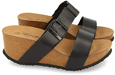 Sandalia Mujer con Cuna Bio, Pala Fina, Super Comodas, Talon Abierto y Decorada con Hebilla. Primavera Verano. Talla 41 Negro