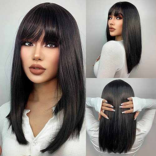 HAIRCUBE Lungo diritto con frange Parrucche per le Donne Natura Resistente al calore Fibra sintetica Parrucche con Pony Cosplay quotidiano (nero)