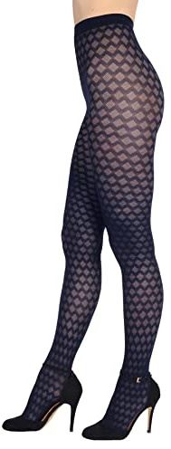 BANANALU Netz Strumpfhosen Damen mit Karo Muster 60 Den blickdichte karierte Alina 60 Deep Navy S