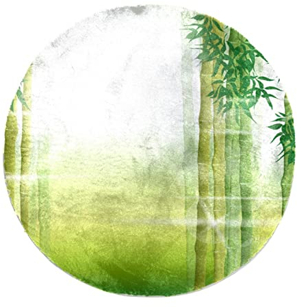 Grüner Bambus-Teppich mit Szene am Morgen, personalisierbar, weich, rund, Kunstfell, runder Shaggy-Teppich