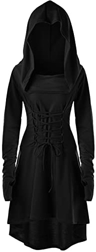 CNVAUIE Costume rinascimentale da donna, abito medievale, con cappuccio, gotico, per Halloween, Carnevale (nero, L)