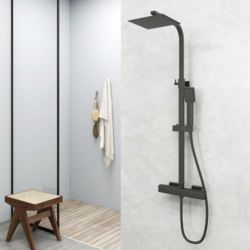 Aica Sanitarios Columna de Ducha con Termostato Negro Mate, Alcachofa de Mano, Cuadrada Barra Ajustable, Ducha Lluvia Baño