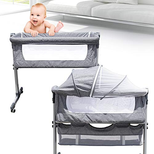 Beistellbett Einstellbare Wiege Reisebett Baby Reisebett Babybett Kinderbett Baby Bett, mit Rollen bis 25kg belastbar, Höhenverstellbar Einstellung der Neigung, mit Aufbewahrungskorb, Moskitonetz