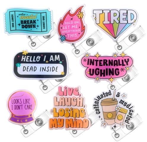 YJ Premiums 8PC Funny Fun Cool Cute Humor Badge Reel Retractable ID Name Tag Holders | Holder Lanyard Clip for Nurse Medical Assistant Nursing Nursery Office Work Coworker Employee Student Gifts