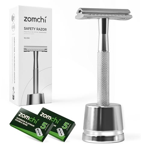 ZOMCHI Rasoio di Sicurezza con 10 Lame di Rasoio di Sicurezza, Rasoio in Metallo Riutilizzabile per Uomo e Donna con Supporto per Rasoio - Argento