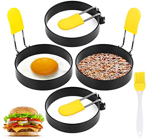 Stampo Pancake 4 Pezzi Stampo Pancake in Acciaio Inox, Anelli per Uova in Acciaio Inossidabile Stampi Antiaderenti Anti-scottatura con Pennelli per Omelette per Uova, Frittelle, Dolci, Muffin