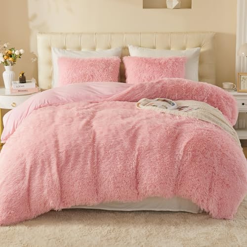 EMME Plysch sängkläder set 220 x 240 cm bäver fluffigt påslakan set för säng lurvig och plysch mjuka sängkläder påslakan och 1 örngott 2 x (80 x 80 cm), rosa